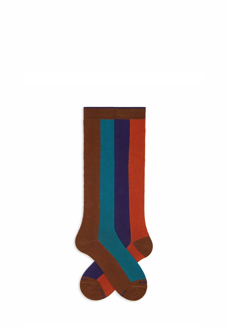 Calzini colorati al ginocchio con strisce marroni, teal, viola e rosse, dal texture liscia e con punte rinforzate.