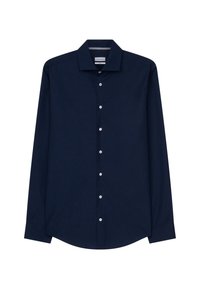 Camicia a maniche lunghe di colore blu navy, realizzata in un tessuto liscio, con colletto tradizionale e bottoni bianchi sulla parte anteriore.