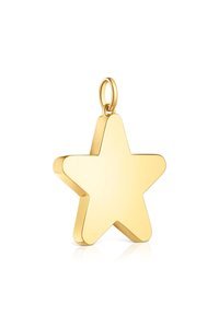 Ciondolo a forma di stella dorata con bordi lisci, superficie lucida e un anello circolare per il fissaggio. Ideale per scopi di gioielleria.