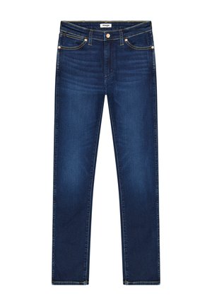 Mørkeblå Wrangler-jeans med en smal pasform, fem lommer, synlige syninger og knaplukning i taljen.