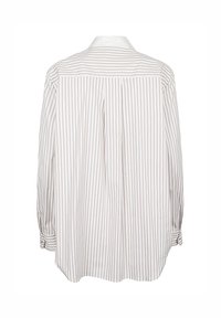 Camicia leggera a maniche lunghe con un motivo a strisce verticali bianche e beige, caratterizzata da un colletto classico e dettagli delle maniche con bottone.