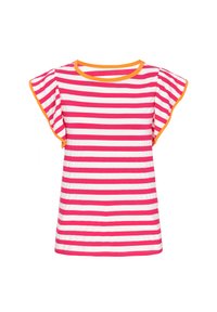 Gestreept T-shirt in wit en roze, voorzien van cap sleeves en oranje biezen langs de halslijn en mouwen. Zachte, lichtgewicht stof.