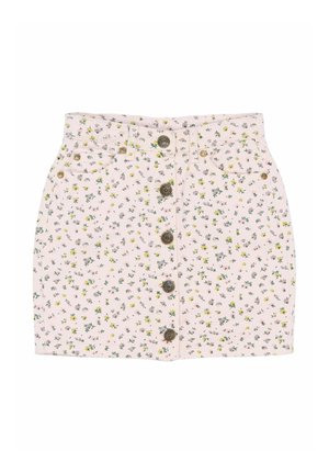 Kwiatowa spódnica dżinsowa w delikatnym różu z małymi żółtymi i zielonymi kwiatkami, z zapięciem na guziki z przodu i dwiema kieszeniami po bokach.