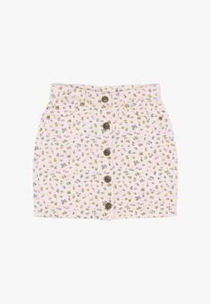 Kvetinová džínsová sukňa v jemne ružovej farbe s malými žltými a zelenými kvetmi, so zapínaním na prednej strane na gombíky a dvoma bočnými vreckami.