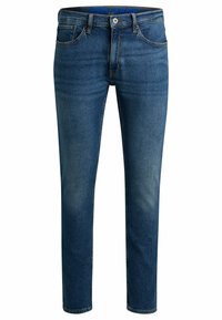 Tumman siniset farkut, joissa on haalistunut efekti, varustettu vetoketjusaumalla, viidellä taskulla ja merkkivetoketjulla. Slim fit -malli.