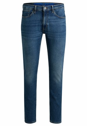 Denim jeans in dark blue with a faded effect, featuring a zip fly, five pockets, and a branded waistband. Slim fit design.