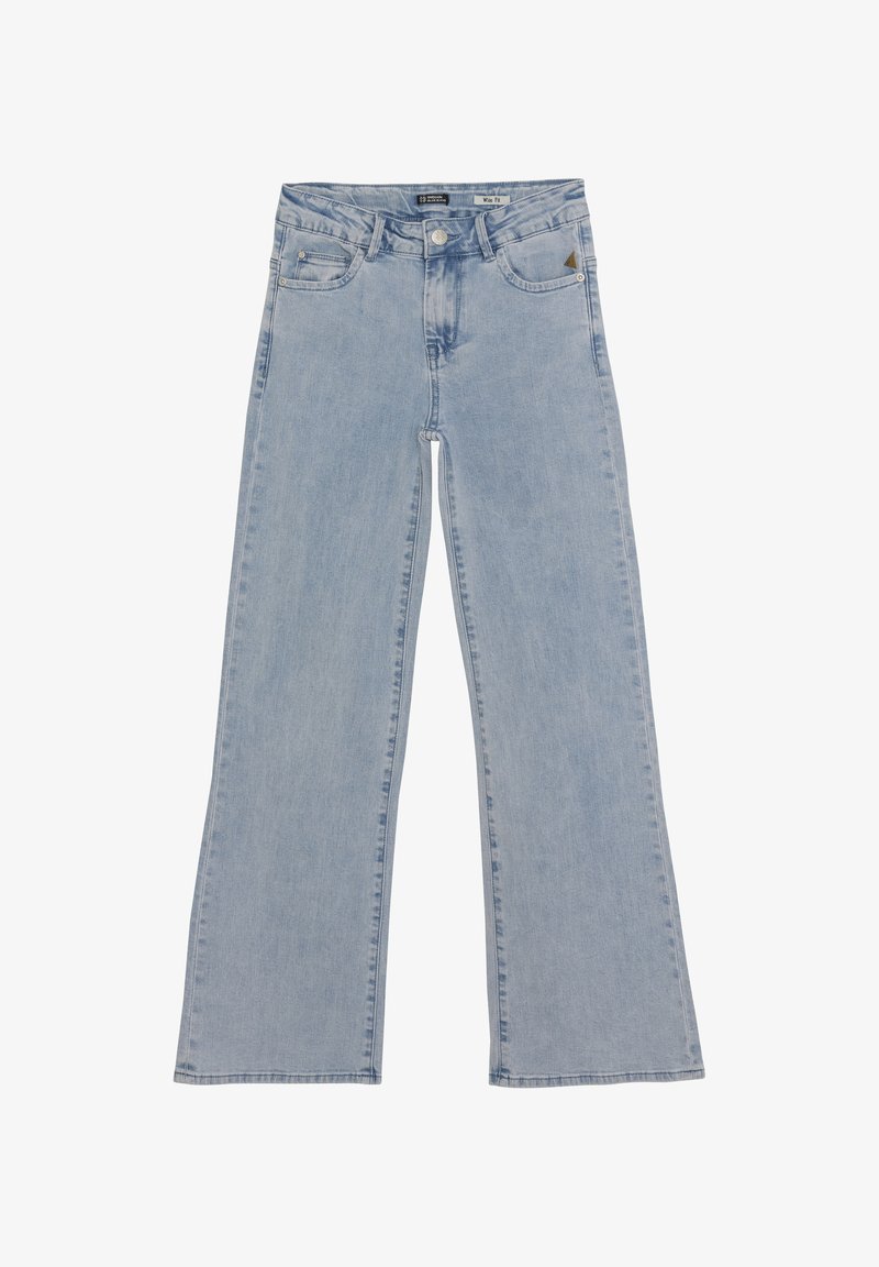 Jasnoniebieskie dżinsowe spodnie o szerokim kroju z wysokim stanem, pięcioma kieszeniami i zapięciem na zamek. Posiadają małą metkę z logo blisko pasa.