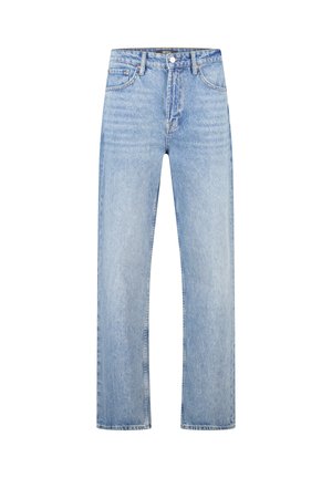 Hellblaue Denim-Jeans mit geradem Bein, fünf Taschen und dezenten Used-Effekten. Knopfverschluss an der Taille und kräftige Nähte als Akzente.