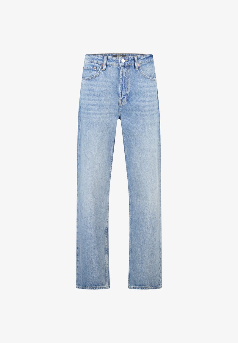 Lichtblauwe spijkerbroek met een rechte pijp, vijf zakken en subtiele vervaging. Knopsluiting aan de taille en zware stiksels als accenten.