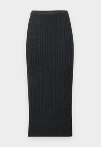 Donkergrijze geribbelde midi-jurk met een aansluitende pasvorm en elastische tailleband. Kenmerkt zich door verticale ribbels voor extra textuur.