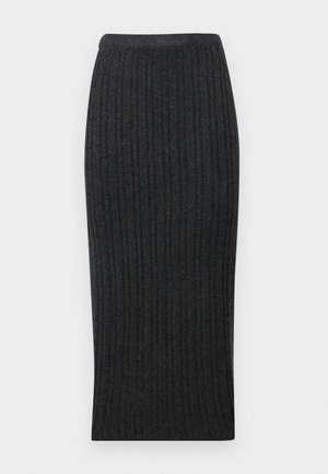 Saia midi de malha canelada cinza-escuro com um corte ajustado ao corpo e cintura elástica. Apresenta canelado vertical para textura.