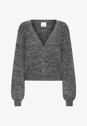 Cardigan grigio corto con scollo a V, maniche lunghe puff e dettagli in bottone argentato sulla parte frontale. Tessuto a maglia texturizzato.