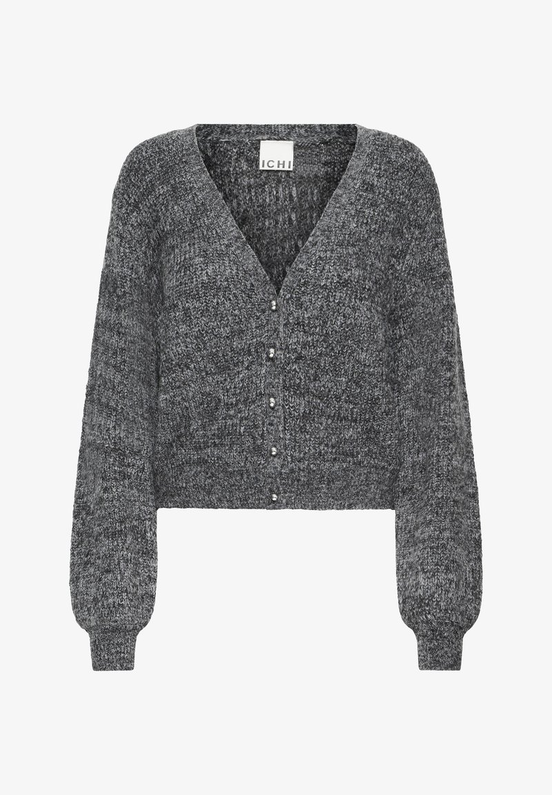 Cardigan grigio corto con scollo a V, maniche lunghe puff e dettagli in bottone argentato sulla parte frontale. Tessuto a maglia texturizzato.
