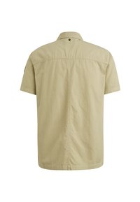 Short-sleeve beige shirt with a back yoke seam, single button detail at the neck, and a smooth, lightweight fabric texture.