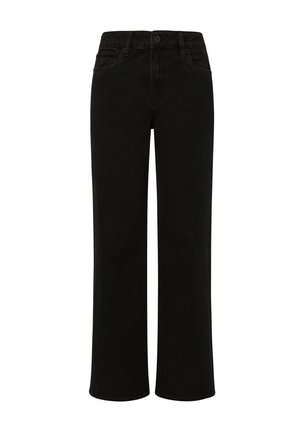 Schwarze Jeans mit geradem Bein und hoher Taille, ausgestattet mit Vorderseitentaschen, einem Knopfverschluss und klaren Linien ohne Verzierungen.