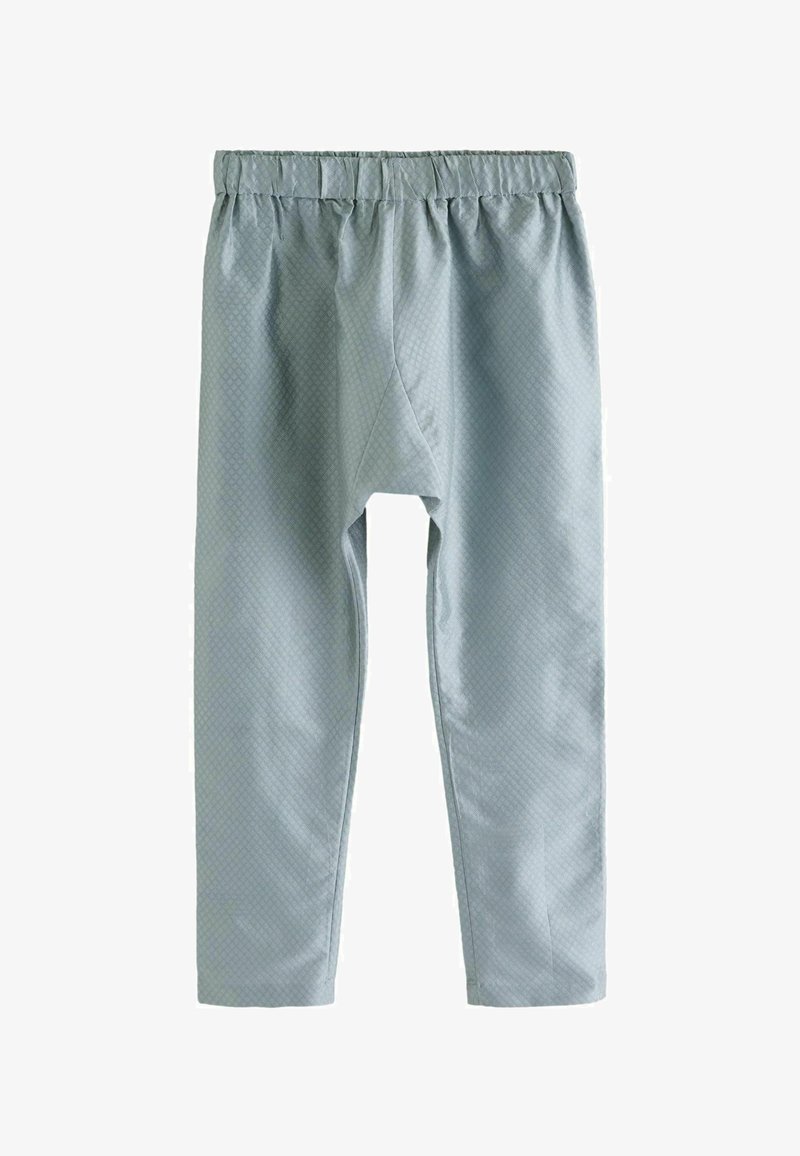 Pantalons bleu clair texturés avec une taille élastique et un design à jambe droite. Ils présentent un motif en losange subtil sur l'ensemble.