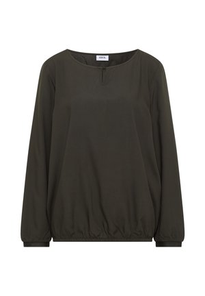 Blusa verde scuro a maniche lunghe con scollo rotondo, piccolo dettaglio di bottoni frontali e orlo e polsini elasticizzati.