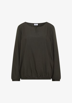 Mörkgrön blus med lång ärm, rund halsringning, små knappar framtill samt elastisk fåll och ärmslut.