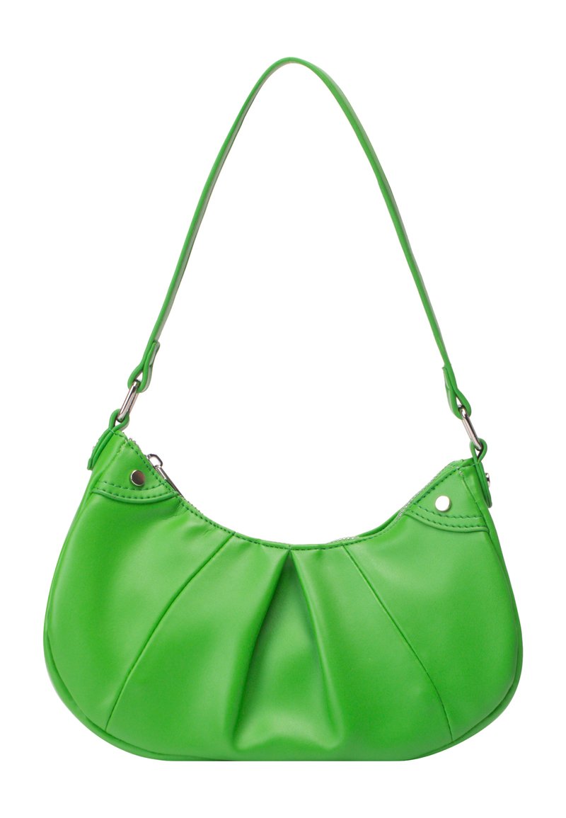 Grüne Kunstleder-Handtasche mit geschwungenem Silhouette, plissiertem Design und verstellbarem Riemen. Mit metallischen Akzenten und einem Reißverschlussverschluss.