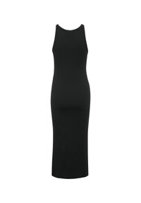 Abito maxi nero a coste con design senza maniche, scollatura rotonda e silhouette aderente, che arriva a metà polpaccio. Texture liscia, senza motivi.