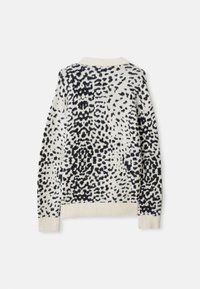 Långärmad stickad tröja med svartvit leopardmönster, ribbad krage, manschetter och fåll, uppvisad plant på en vit bakgrund.