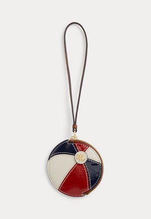 Porte-monnaie rond tricolore en cuir avec bracelet, patchwork en rouge, blanc et bleu marine, avec un bouton logo RLL doré.