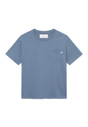 Blue cotton T-shirt with short sleeves, round neckline, and a chest pocket featuring a small tag. Smooth texture, standard fit.