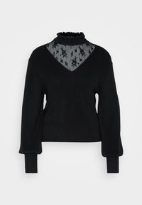 Maglione nero con collo alto arricciato e pannello in rete ricamata trasparente a forma di V. Maniche lunghe con polsini a coste e tessuto texturizzato.