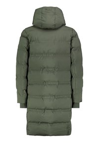 Langer olivgrüner Puffer-Mantel mit Kapuze, ausgestattet mit horizontalen Nähten, gerippten Bündchen und einem mittellangen Design. Einfach und funktional.
