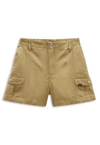 Khaki shorts tillverkade av ett lättviktigt material, med sidofickor med klaffstängningar, två framknappar och resårmidja.