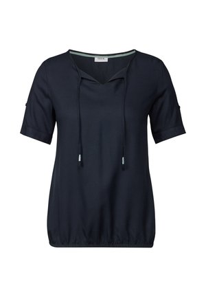 Dark blue short-sleeved top with a V-neck and drawstring detail. Features a textured fabric and elasticated hem for a relaxed fit.