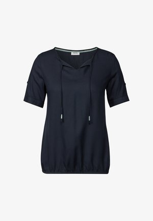 Top de manga corta azul oscuro con cuello en V y detalle de cordón. Presenta una tela texturizada y dobladillo elástico para un ajuste relajado.