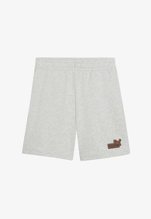 Pantalones cortos deportivos grises hechos de tela suave, con una cintura elástica y un logotipo Puma en negro y naranja en el lado izquierdo inferior.