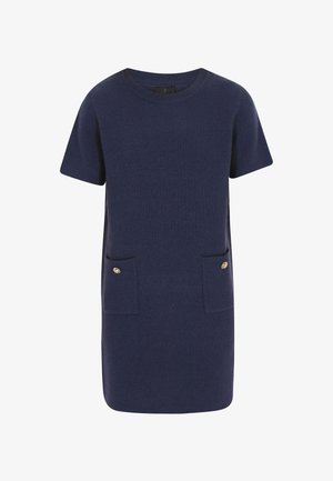 Granatowa dzianinowa sukienka z krótkimi rękawami, z dwoma przednimi kieszeniami z guzikami w kolorze złotym i okrągłym dekoltem.