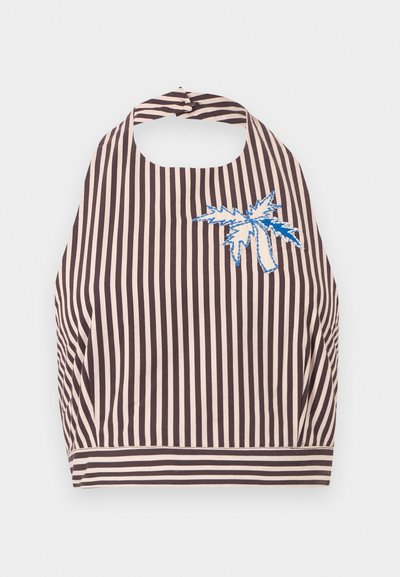 Αμάνικη μπλούζα halter με κάθετες μαύρες και μπεζ ρίγες και μπλε και λευκό κέντημα με φοίνικα στο στήθος.