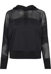 Sweat à capuche noir avec panneaux en maille sur les manches, capuche à cordon, coupe courte et texture douce. Comprend une section inférieure noire unie.