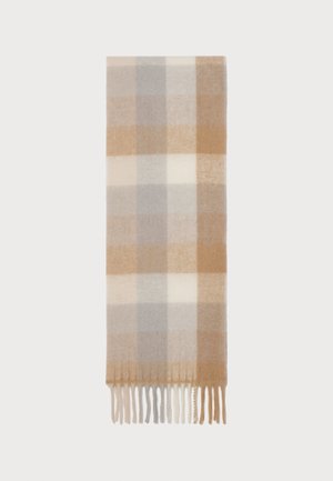 Wool plaid scarf featuring large squares in shades of beige, light gray, and cream, with fringe detailing along the bottom edge.