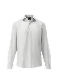 Herren Langarmhemd in Hellgrau mit vertikalen weißen Streifen, Kragen, Knöpfen an der Vorderseite und abgerundeten Manschetten. Glatte Stofftextur.
