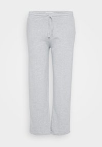 Light gray sweatpants made of soft fabric, featuring an elastic waistband with a drawstring, straight-leg design, and side pockets.