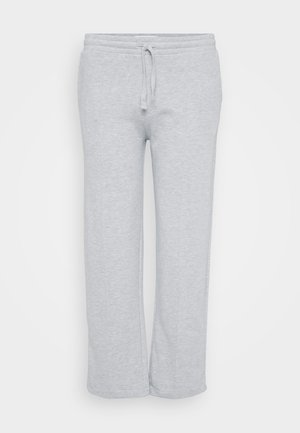 Világosszürke, puha anyagból készült melegítőnadrág, rugalmas derékkal, húzózsinórral, egyenes szabással és oldalsó zsebekkel.