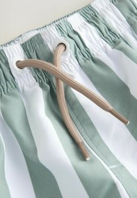 Gröna och vita randiga badshorts med elastisk midja, utrustade med en flätad beige dragsko och förstärkta öljetter för justering.