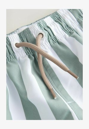 Zeleno-biele pruhované plavky so sťahovacím elastickým pásom, ktoré majú opletenú svetlohnedú šnúrku na stiahnutie a spevnené kovové očká na úpravu veľkosti.