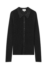 Cardigan nero con una texture scintillante, dotato di scollatura con colletto, chiusura a bottoni e maniche lunghe. Design semplice e classico.