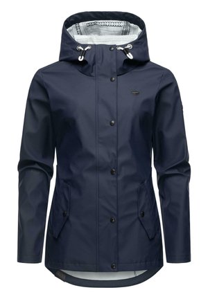 Veste imperméable navy avec une capuche doublée, des boutons-pression, deux poches latérales et un ourlet arrondi. Comprend un motif de doublure intérieure contrastant.