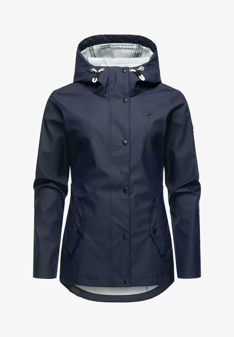 Mornarska vodoodporna jakna z podloženo kapuco, s pritrdilnimi gumbi, dvema stranskima žepoma in ukrivljenim robom. Ima kontrastni vzorec podloge.