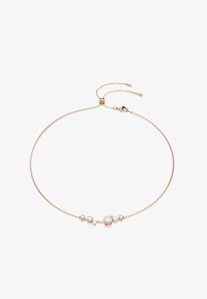 Roze gouden ketting met een delicate ketting, voorzien van vier fonkelende stenen en een centrale staaf, met geaccentueerde texturen en een verstelbare sluiting.