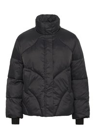 Černá péřová bunda s vysokým límcem, prošívaným designem s diagonálním prošitím, dvěma předními kapsami a elastickými manžetami.