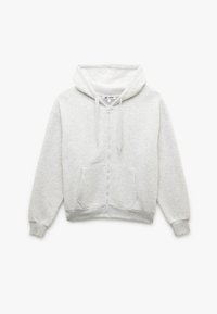 Lys grå zip-up hoodie med snoretræk i hætten og frontkangaroo-lomme, lagt fladt på en hvid baggrund.