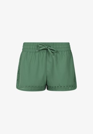 Pantaloni corti verdi con cintura elastica e cordino, caratterizzati da una rifinitura in pizzo lungo i bordi inferiori per un tocco di texture e dettaglio.