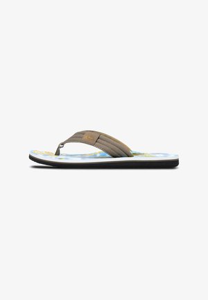 Flip-flop with brown fabric straps, blue patterned footbed featuring green accents, and a black rubber sole. Simple, flat design for casual wear.